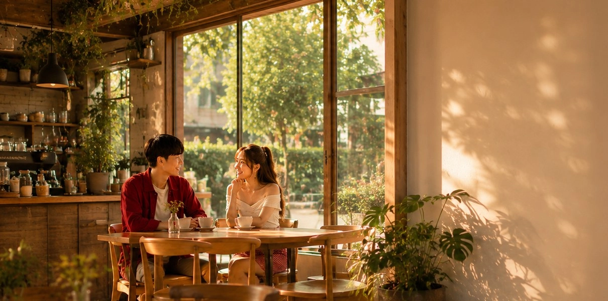 คู่รักนั่งคุยกันในคาเฟ่บรรยากาศผ่อนคลาย